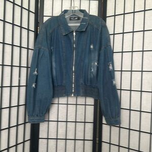 Distressed Waistline Jean Jacket